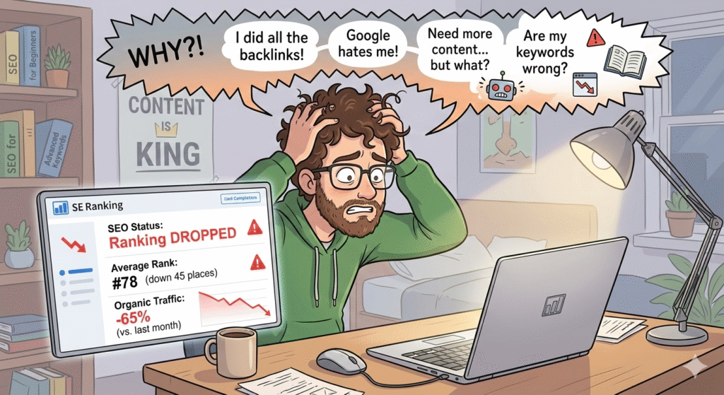 Frustrated SEO marketer analyzing a ranking drop and traffic loss on a laptop screen because his SEO is not working.